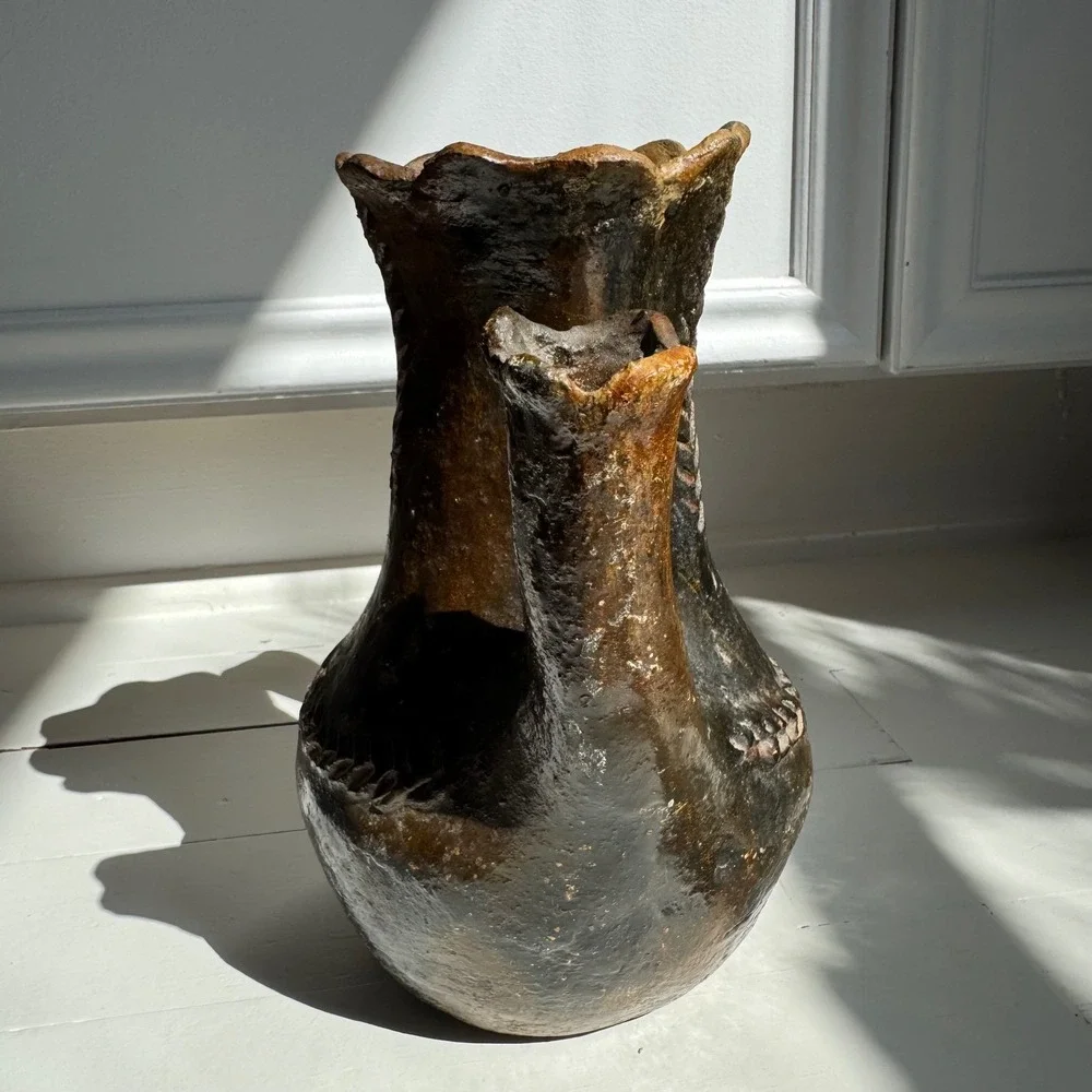 Vintage Navajo Pottery Wedding Vase Handcrafted Pitch Fired Brown Black‎